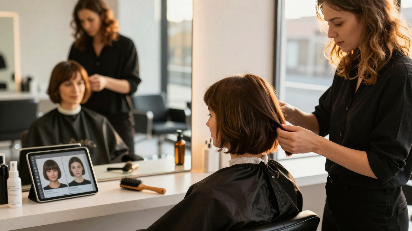 Mulher sentada em salão de beleza sendo atendida por cabeleireira que examina seu cabelo curto.
