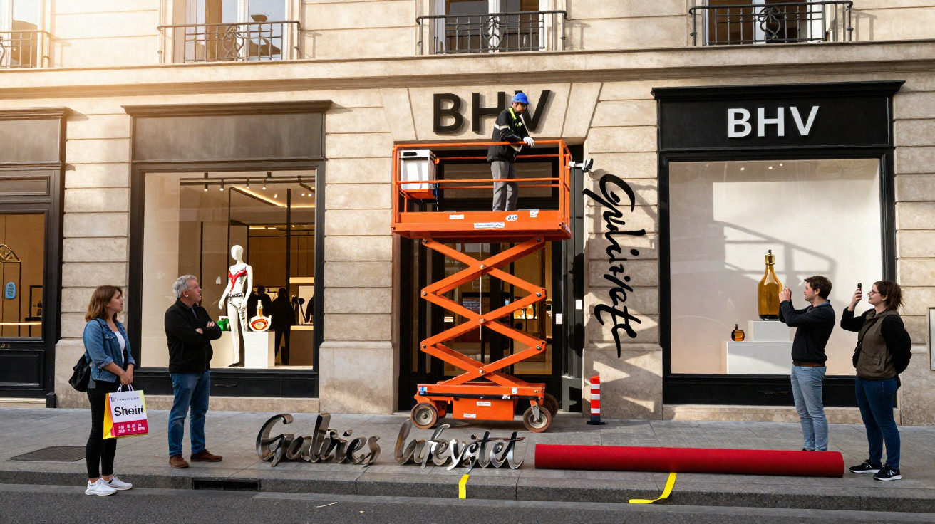 Trabalhador em plataforma elevatória instala nova placa na fachada da Galeries Lafayette com espectadores na calçada.