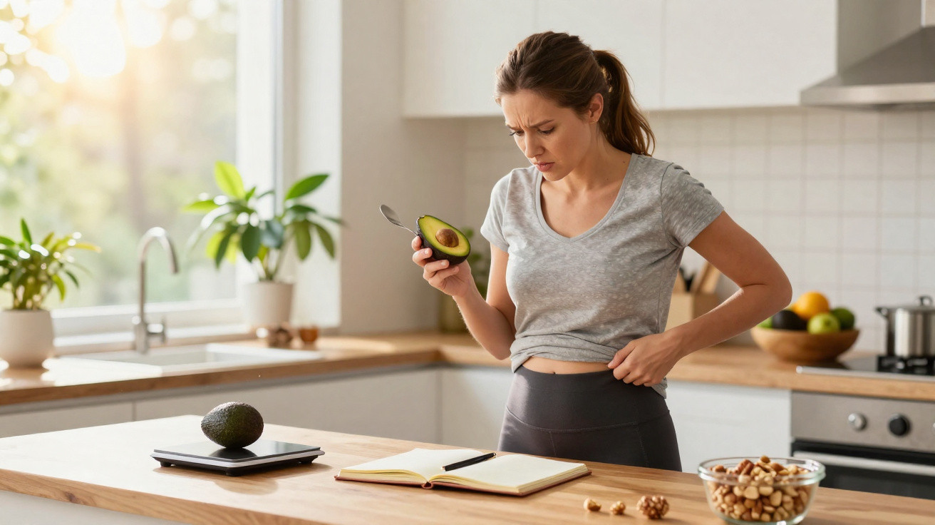 Mulher na cozinha segurando abacate, olhando para a barriga com expressão preocupada.