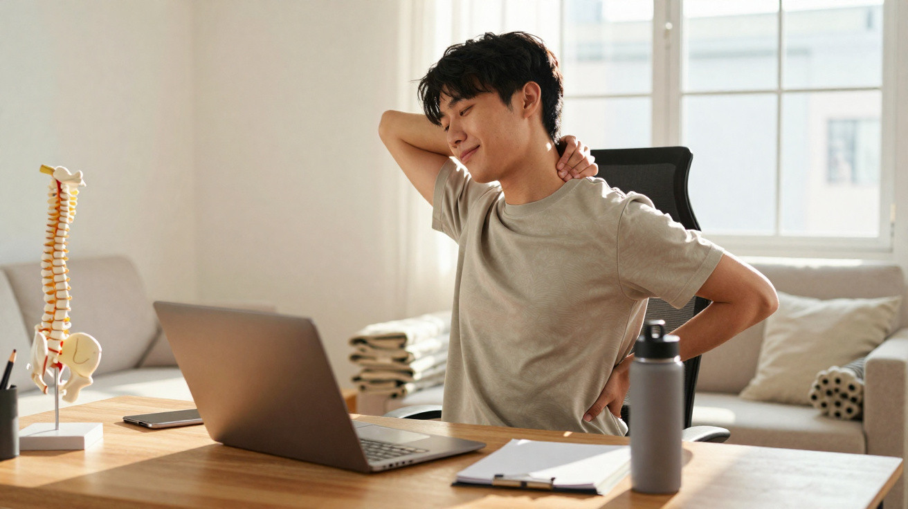 Jovem sentado em cadeira de escritório, massageando o pescoço e costas, com laptop e modelo de coluna na mesa.