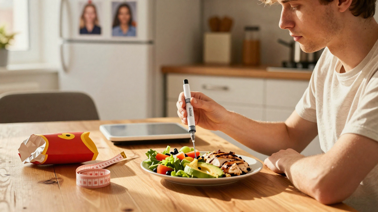 Homem usando aparelho de medir glicose enquanto come salada e frango grelhado na cozinha.