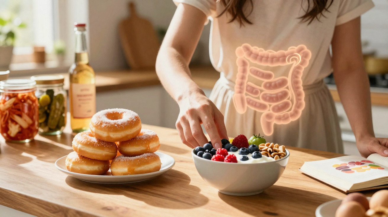 Pessoa escolhendo iogurte com frutas e castanhas, com imagem ilustrativa do intestino ao fundo.