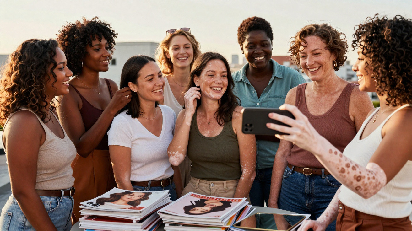 Grupo diversificado de mulheres sorrindo enquanto uma delas tira selfie ao ar livre com revistas na mesa.
