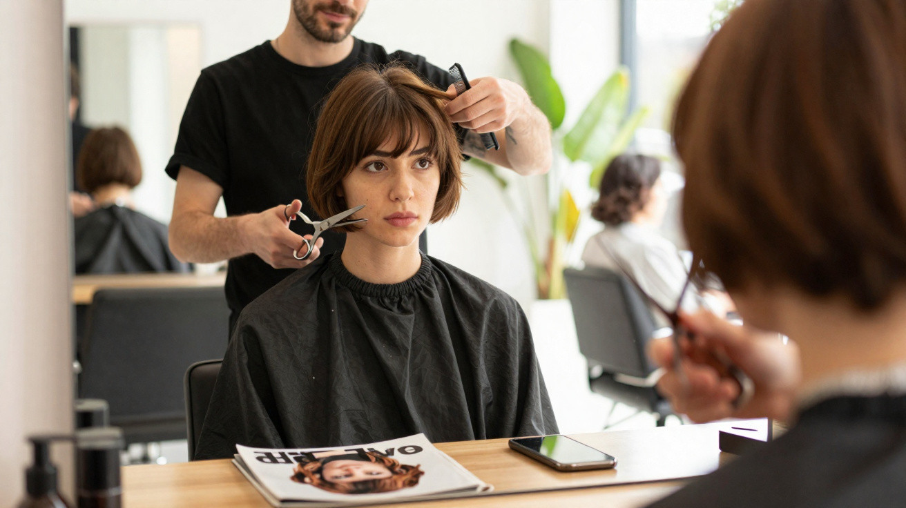 Mulher com cabelo curto recebendo corte de cabelo em salão, refletida no espelho à sua frente.