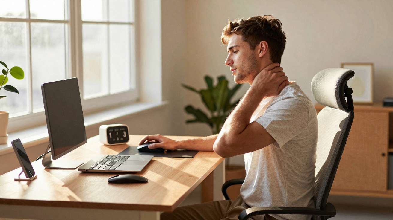 Homem senta em cadeira ergonômica e massageia o pescoço enquanto trabalha no computador em ambiente iluminado.