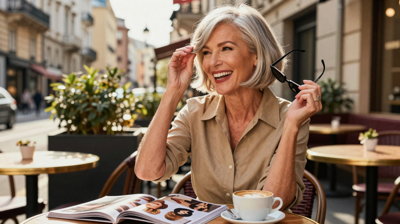 Mulher sorridente com cabelos grisalhos em café ao ar livre segurando óculos e olhando para o lado.