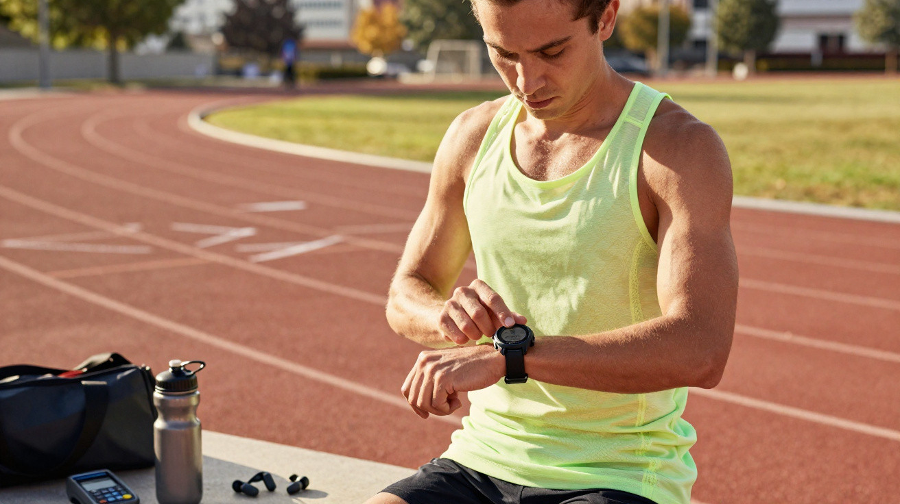 Homem sentado na pista de atletismo ajustando relógio esportivo, com garrafa e fones próximos.