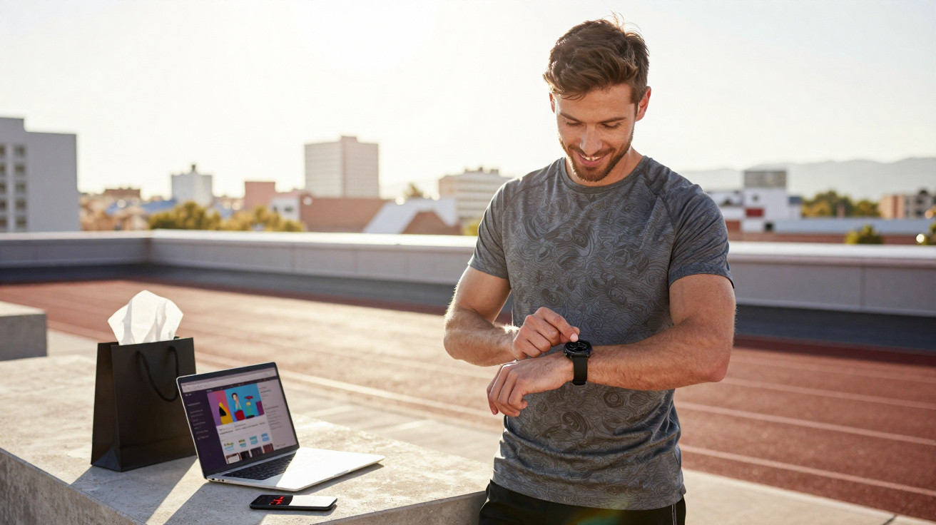 Homem em roupa esportiva ajusta relógio digital ao ar livre com laptop, celular e sacola sobre mesa próxima.