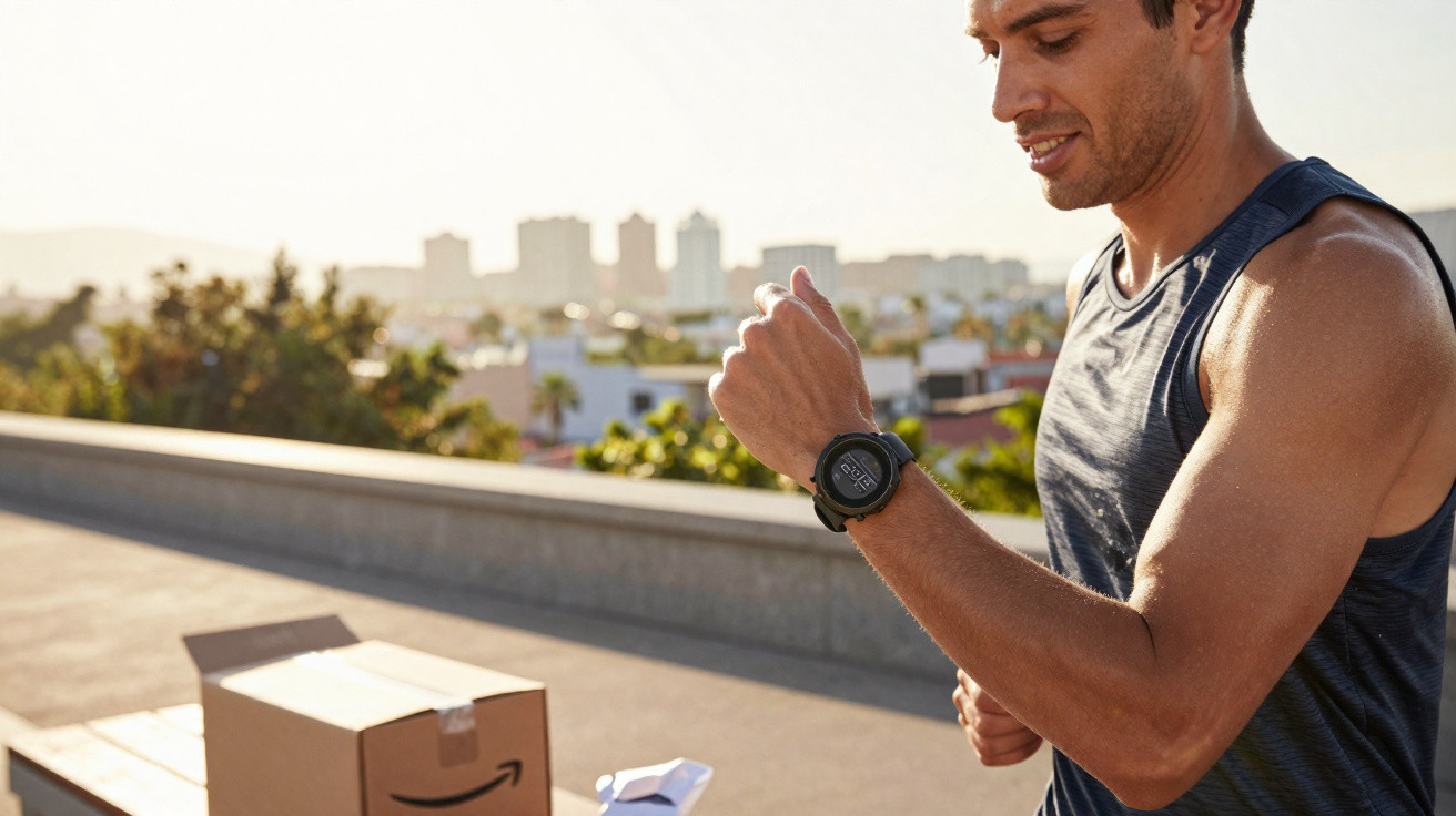 Homem correndo ao ar livre olhando relógio esportivo com caixa da Amazon ao fundo.