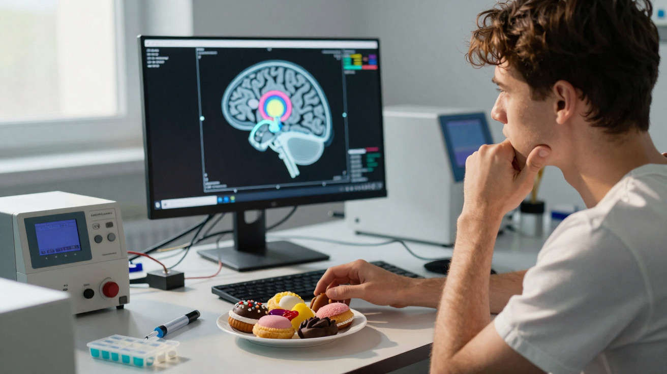 Homem sentado em laboratório observando imagem cerebral no computador com doces em prato na mesa.