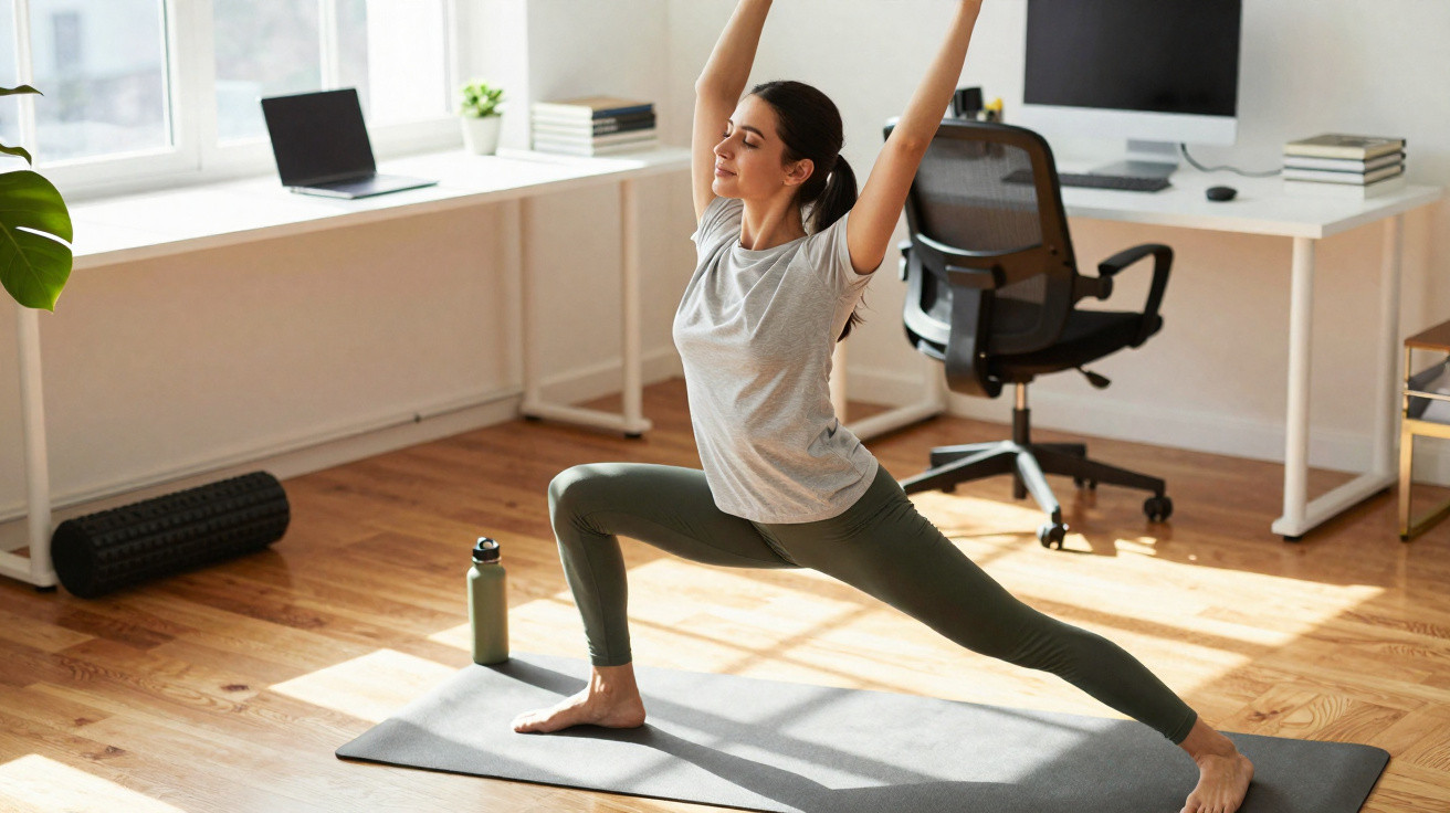 Mulher praticando yoga em posição de guerreiro em casa, com tapete e escritório ao fundo.