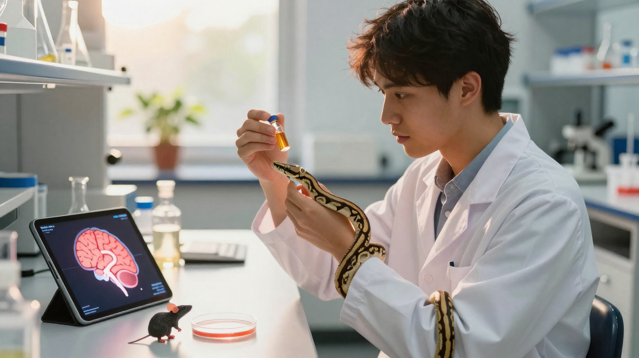 Cientista em laboratório segurando cobra e frasco com líquido, tablet mostra imagem de cérebro.