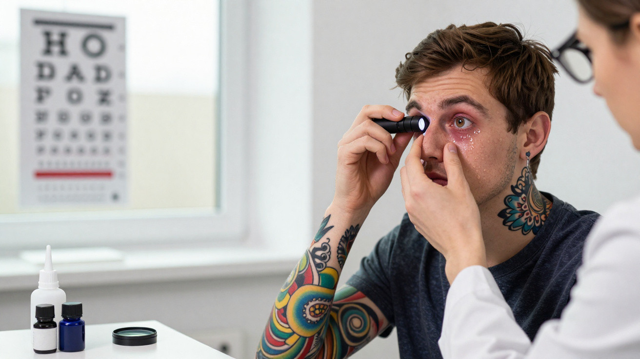 Homem com tatuagens sendo examinado nos olhos por médico com ferramenta de luz em clínica oftalmológica.