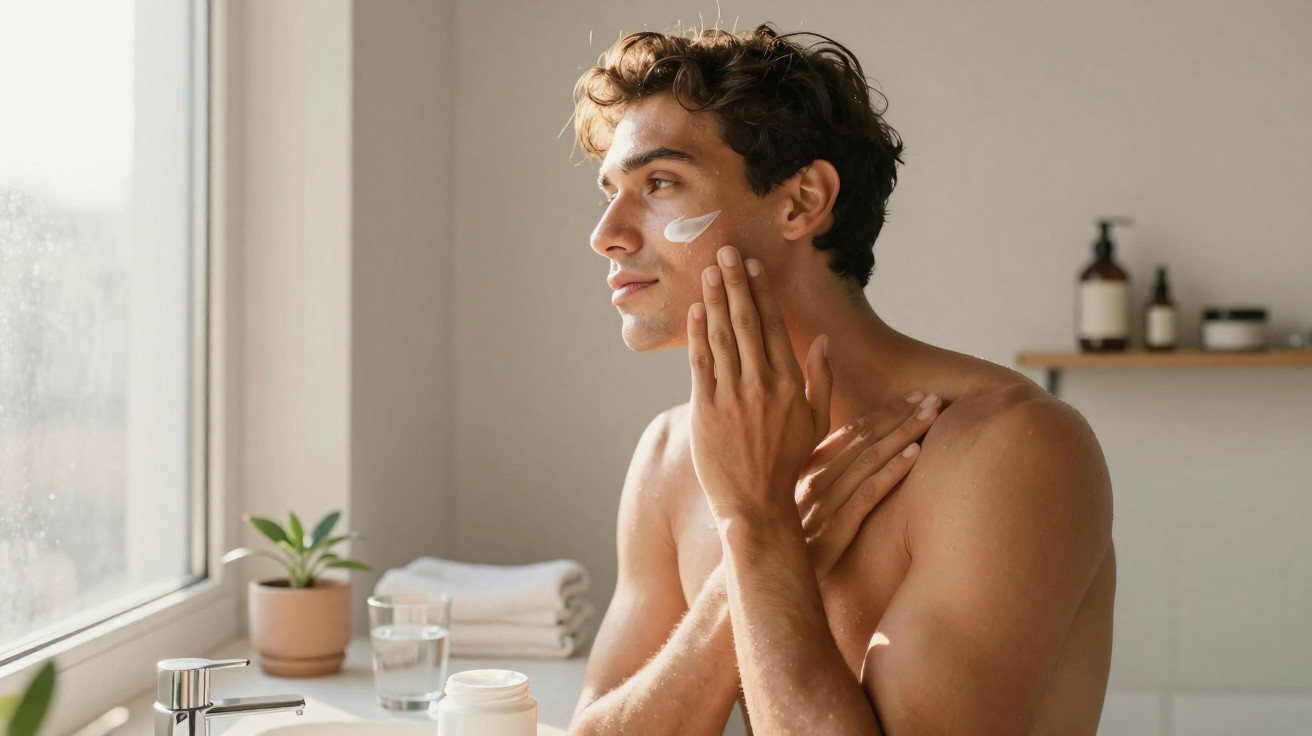Homem aplica creme facial em ambiente claro, perto de janela com plantas e toalhas ao fundo.