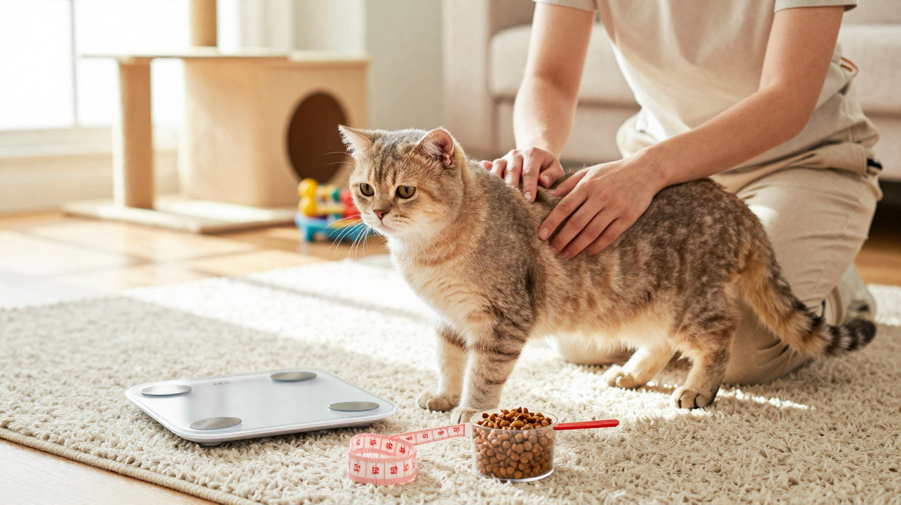 Pessoa acariciando gato cinza em tapete próximo a balança, fita métrica e pote de ração.