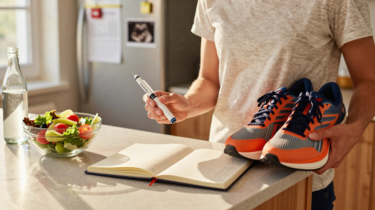 Pessoa segurando tênis de corrida e caneta, com caderno aberto e salada sobre bancada de cozinha.
