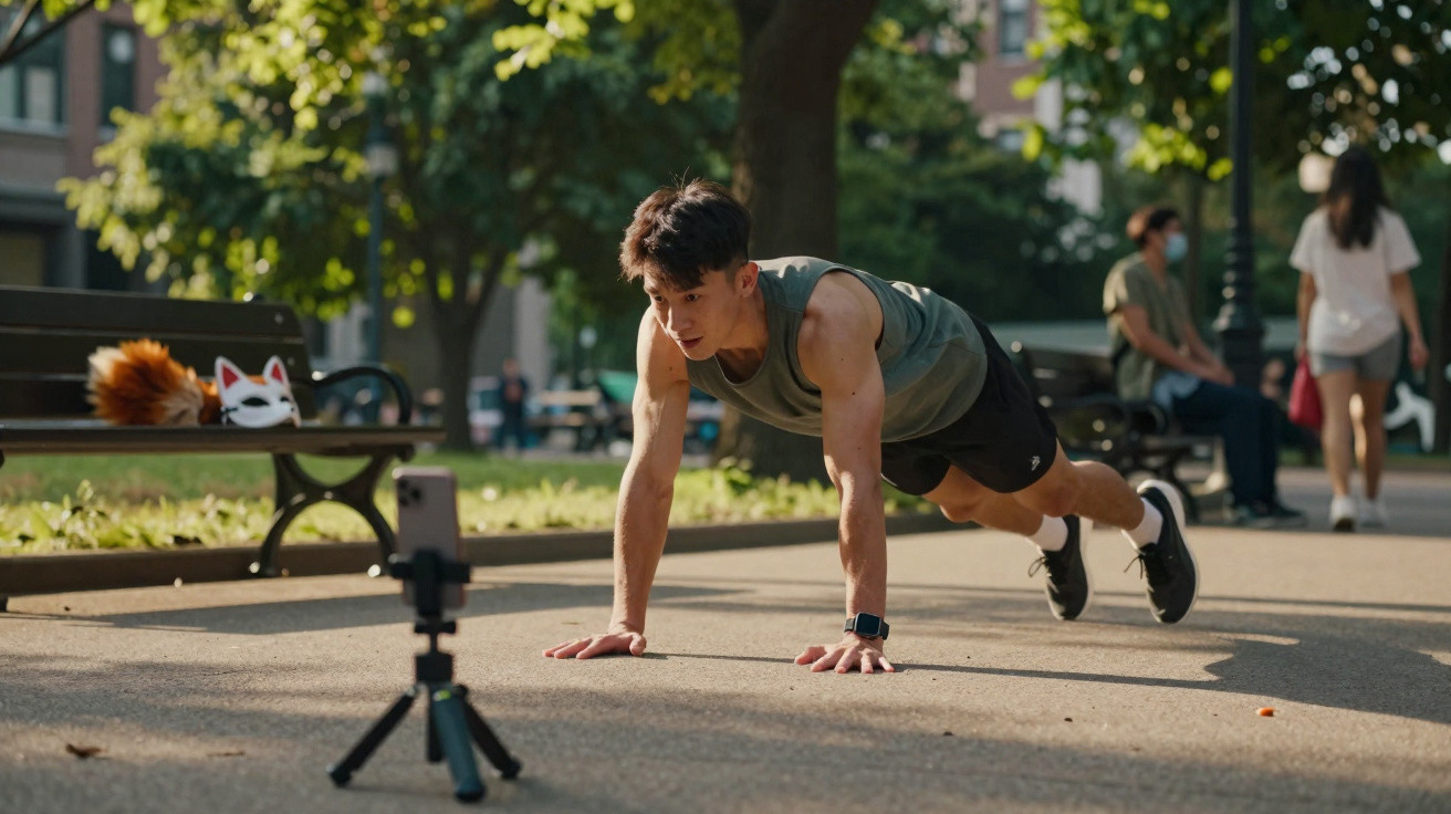 Jovem fazendo flexão ao ar livre em parque, com câmera de celular em tripé à sua frente.