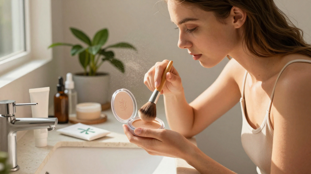 Mulher aplicando pó facial com pincel em frente à pia, com produtos de skincare ao fundo.