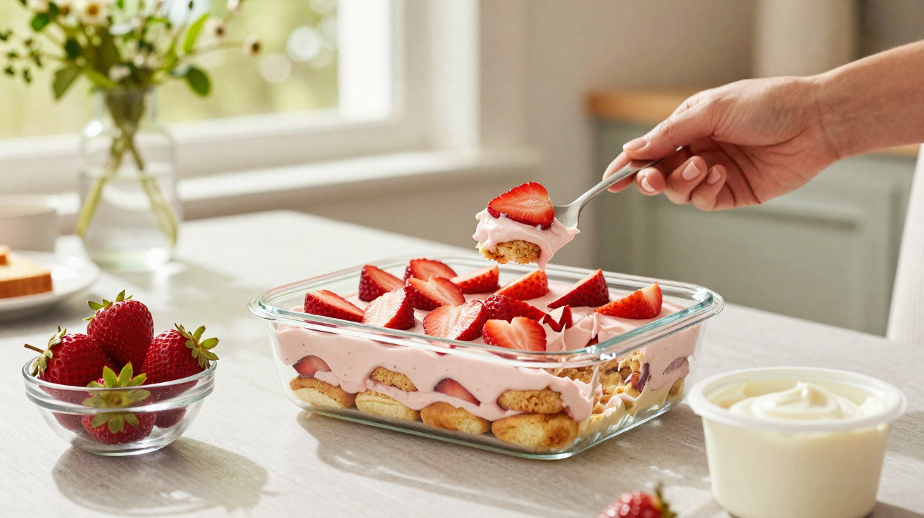 Mão pegando colher com doce de morango em travessa de vidro com camadas de biscoito, creme e morangos.