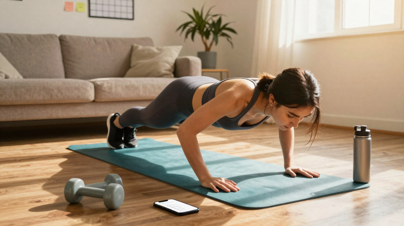 Mulher fazendo flexão de braço em tapete de yoga na sala, com halteres, celular e garrafa d'água ao lado.