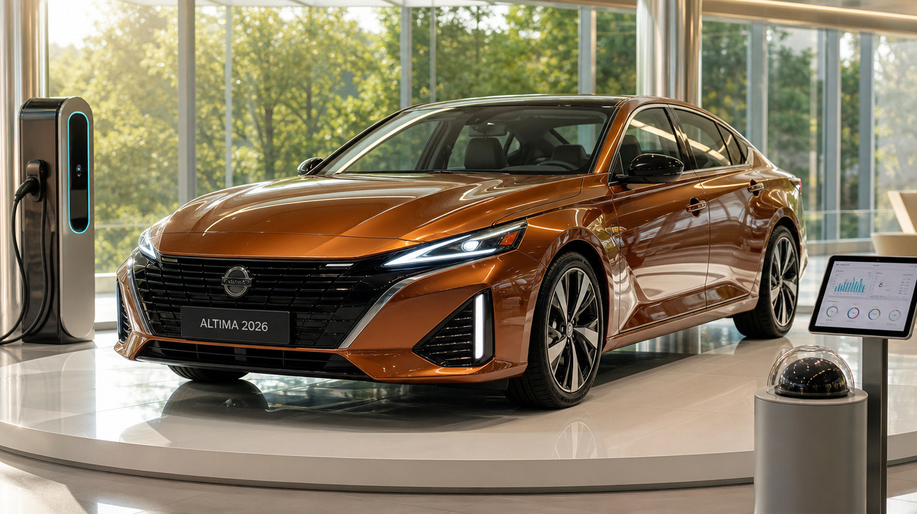 Carro sedã Nissan Altima 2026 laranja em exposição com estação de recarga elétrica ao lado.