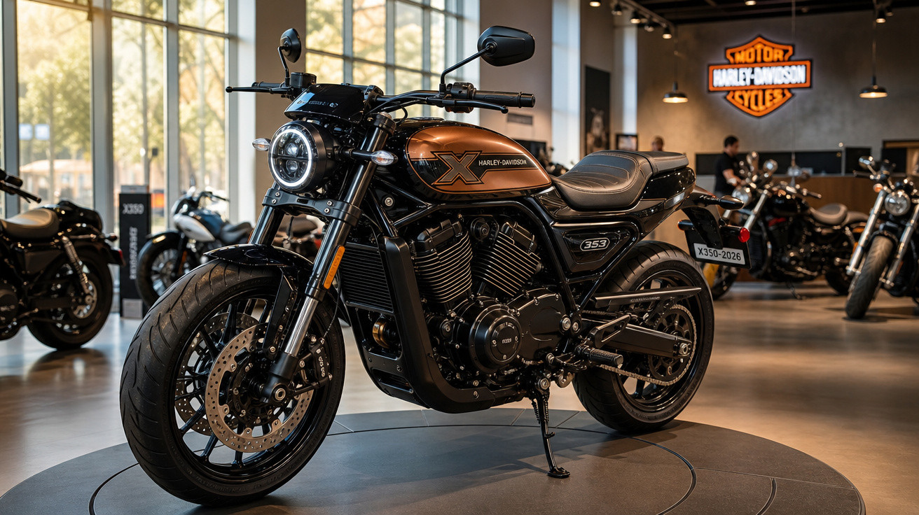 Motocicleta Harley-Davidson modelo X350 exposta em showroom com iluminação natural e ambiente moderno.