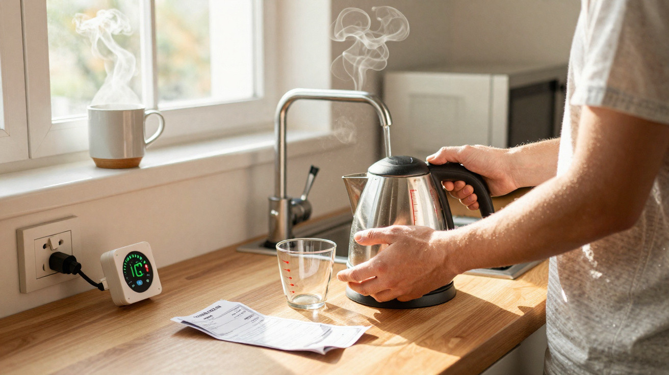 Pessoa segurando chaleira elétrica em bancada de cozinha com vapor saindo, copo medidor e xícara com bebida quente.