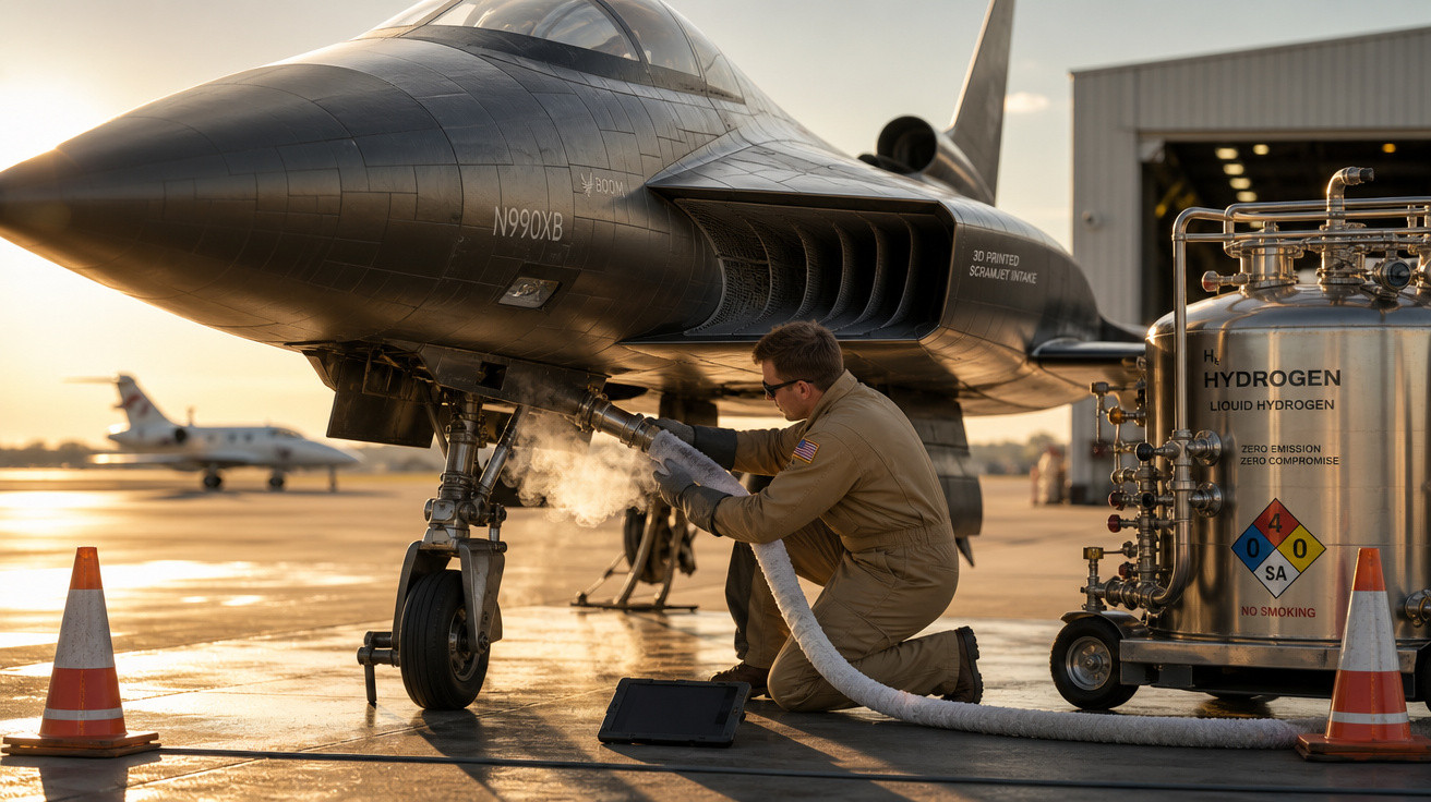 Técnico conectado a mangueira para abastecer jato preto com hidrogênio líquido num hangar ao pôr do sol.