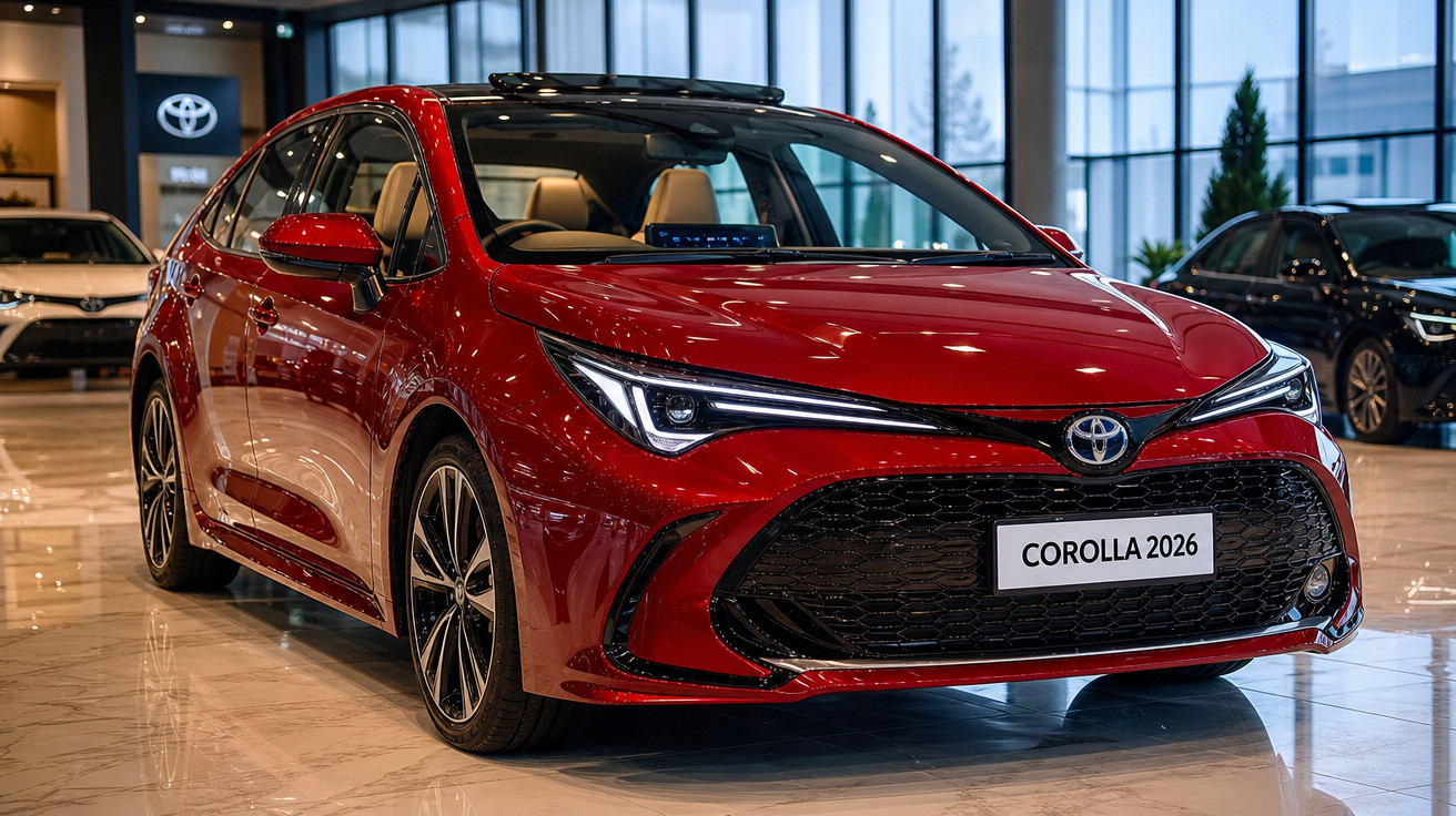 Carro Toyota Corolla 2026 vermelho em exposição dentro de showroom moderno e iluminado.
