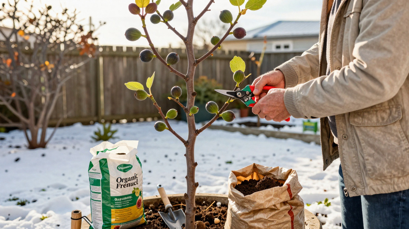 Pessoa podando árvore jovem com frutas em jardim coberto de neve, com sacos de fertilizante e terra ao lado.