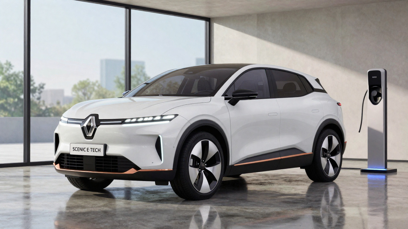 Carro elétrico Renault Scenic E-Tech branco estacionado em garagem moderna com estação de recarga.