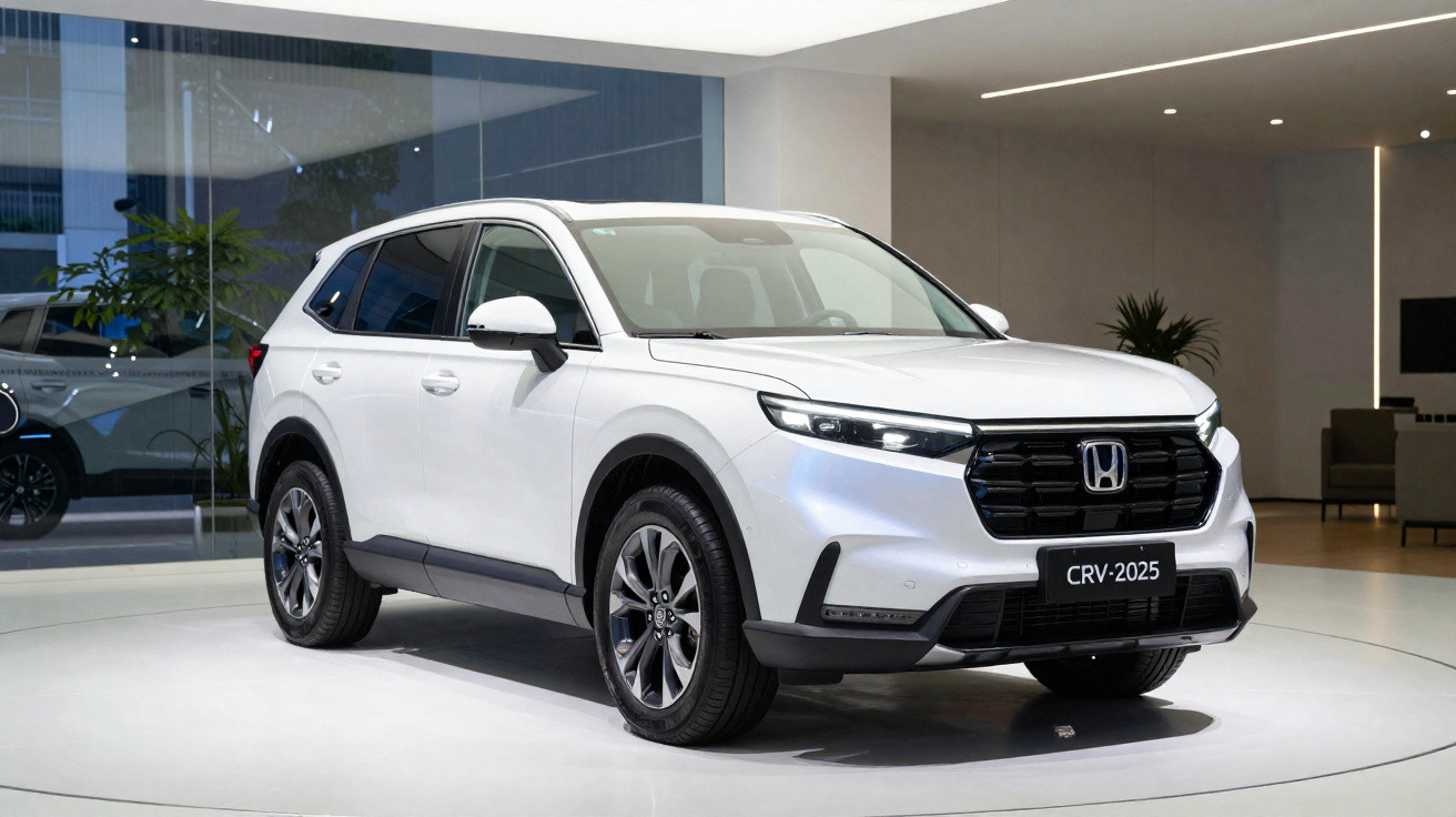 Carro SUV branco Honda CR-V 2025 exibido em showroom moderno com teto e paredes claras.