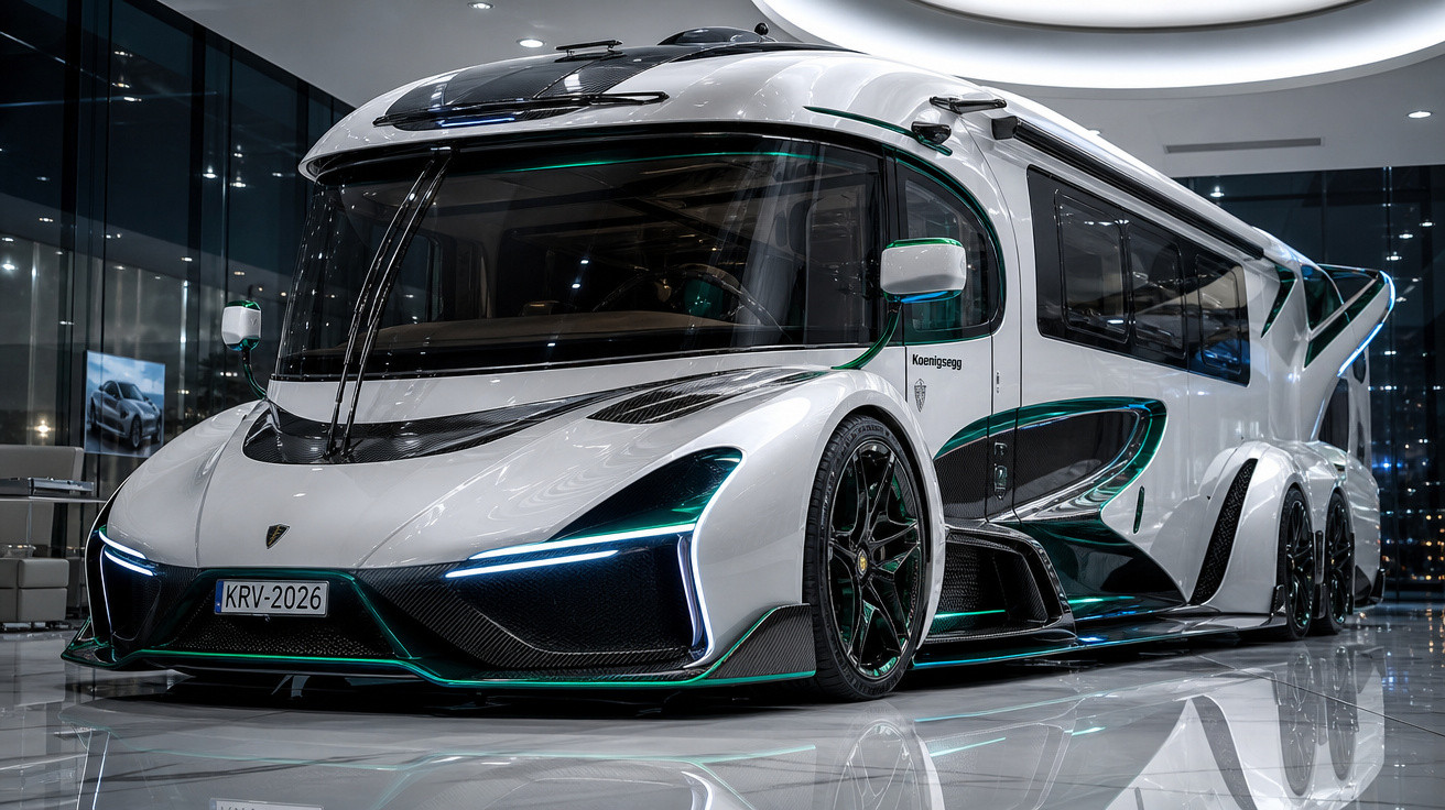 Motorhome futurista branco com design aerodinâmico e luzes de LED em ambiente interno moderno.