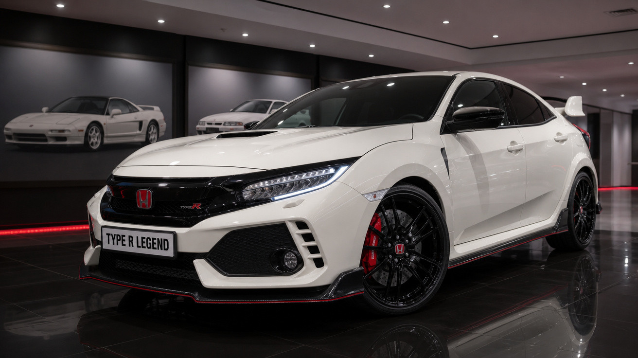 Honda Civic Type R branco estacionado em showroom com rodas pretas e detalhes vermelhos.