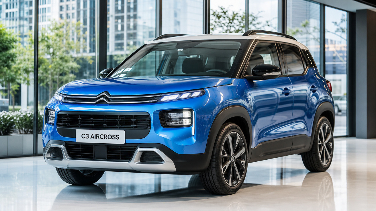 Carro SUV azul Citroën C3 Aircross estacionado em showroom moderno com janelas de vidro.
