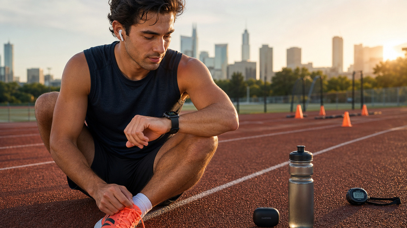 Homem em pista de corrida amarrando tênis e conferindo relógio esportivo ao pôr do sol.
