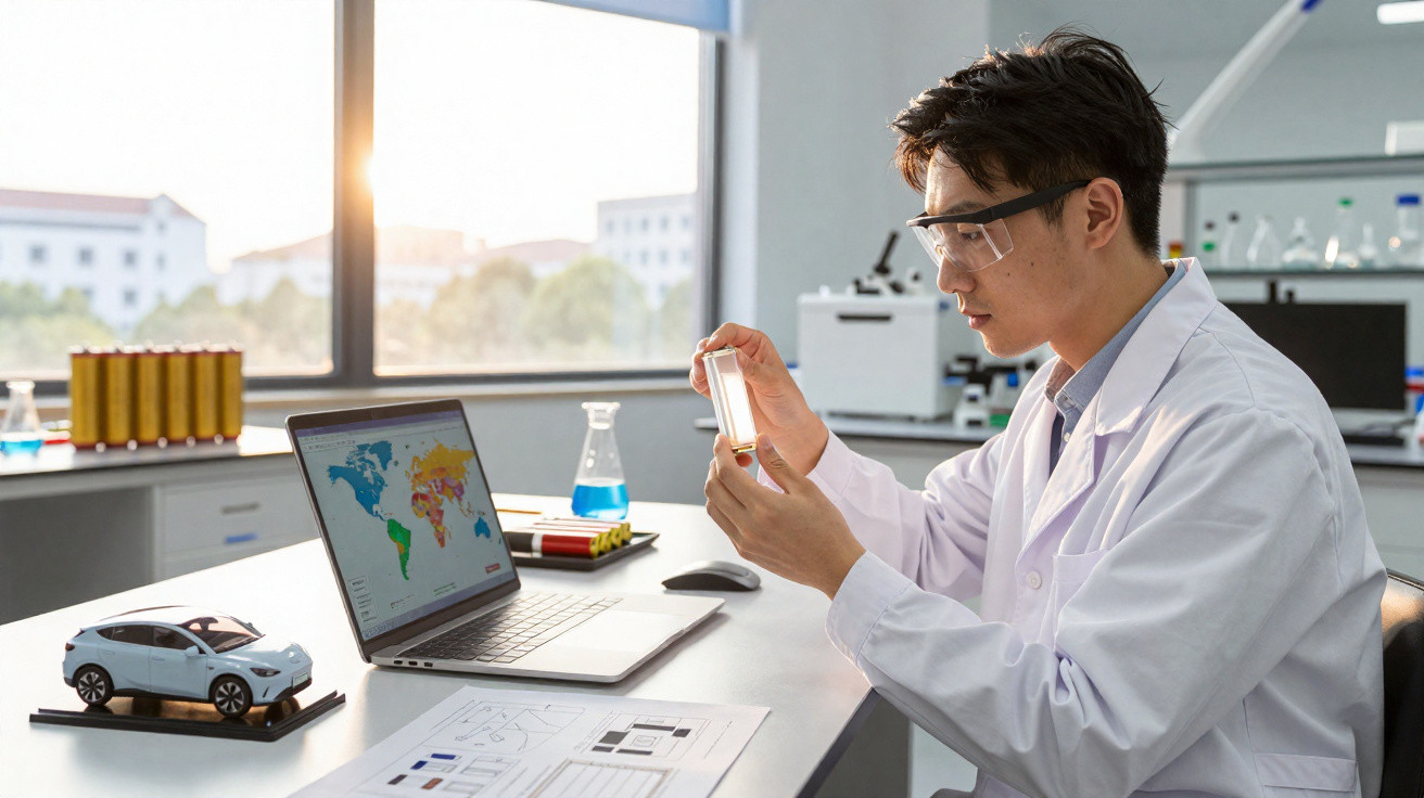 Cientista com jaleco e óculos de proteção analisa amostra em laboratório moderno com laptop e maquete de carro.