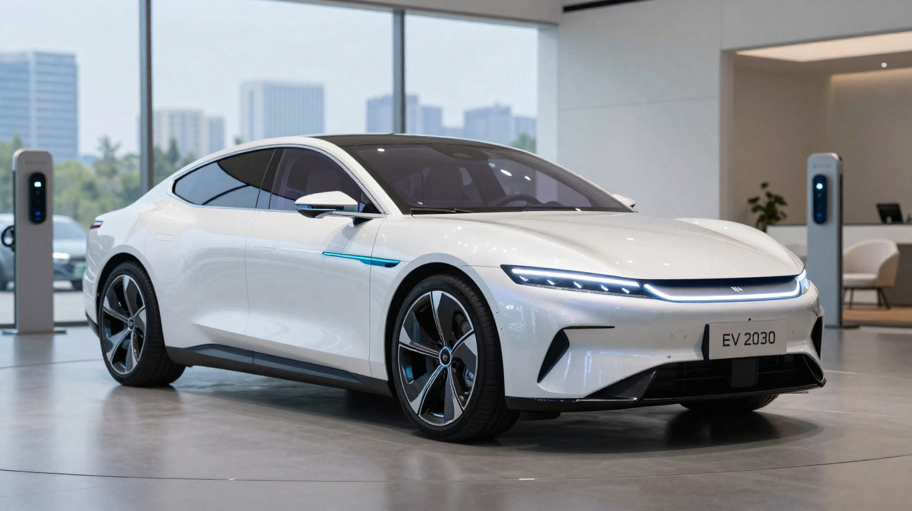 Carro elétrico branco moderno estacionado em showroom com estação de recarga ao fundo.