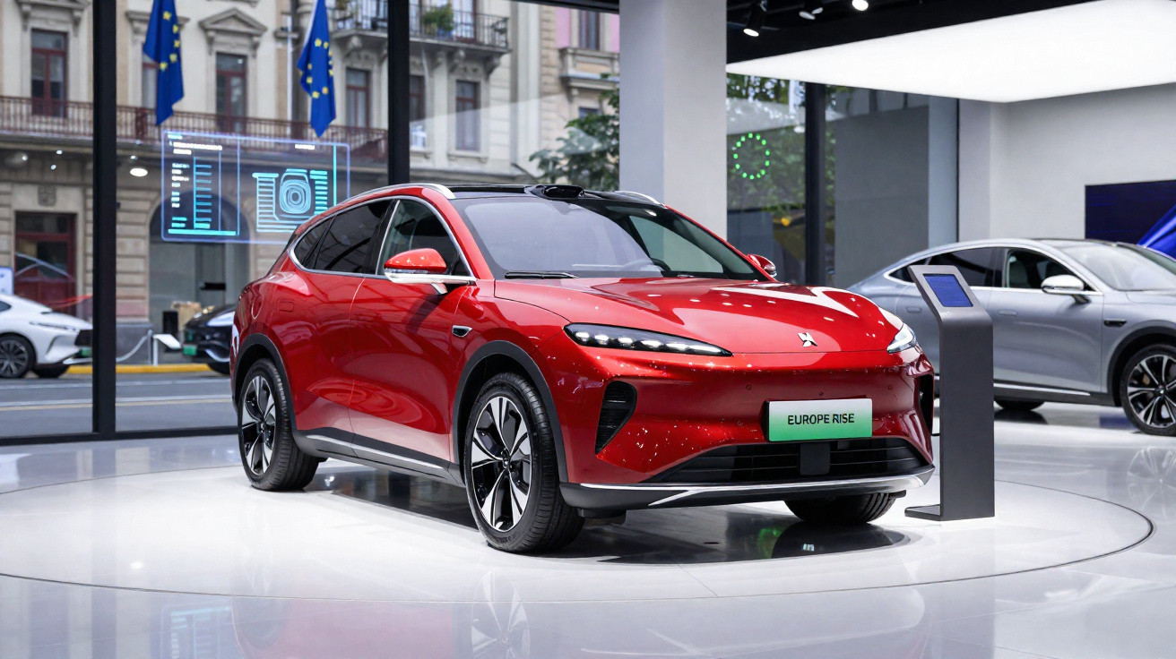 Carro elétrico vermelho exibido em showroom moderno com placas e painéis digitais ao fundo.