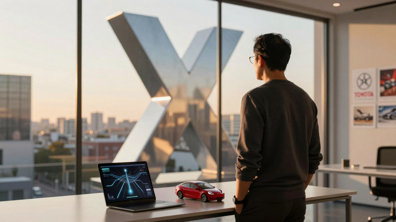 Homem de óculos observa janela com logo gigante da Tesla, com miniatura de carro e laptop na mesa.
