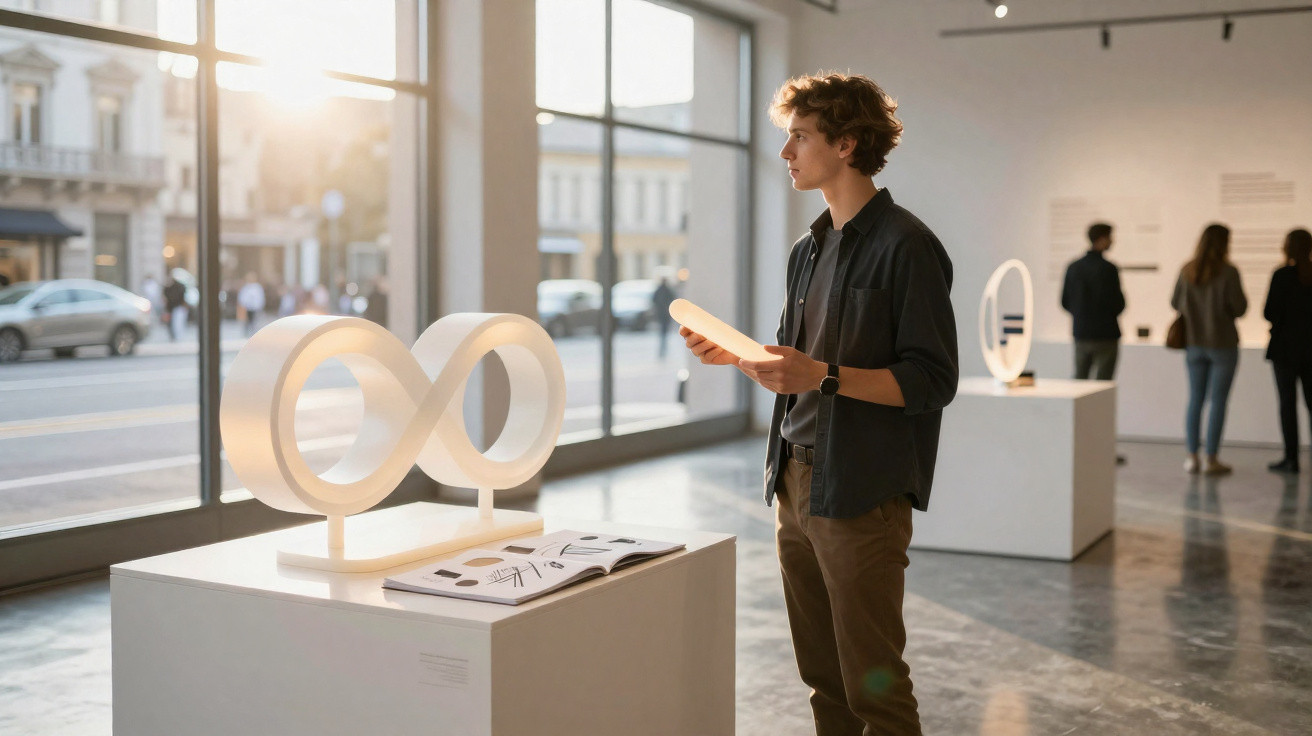 Homem observa escultura iluminada em forma de infinito em galeria de arte moderna.