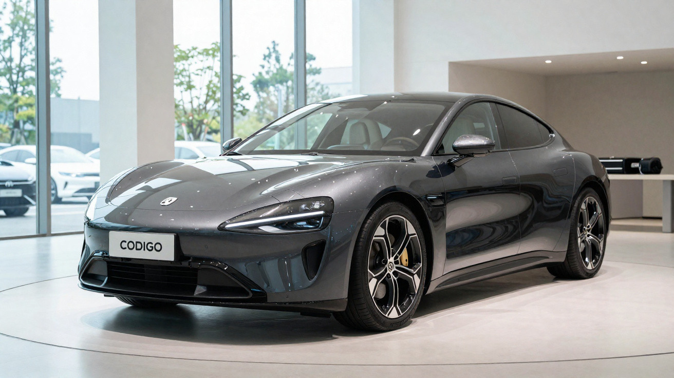 Carro esportivo elétrico cinza estacionado em showroom moderno com vidros grandes ao fundo.