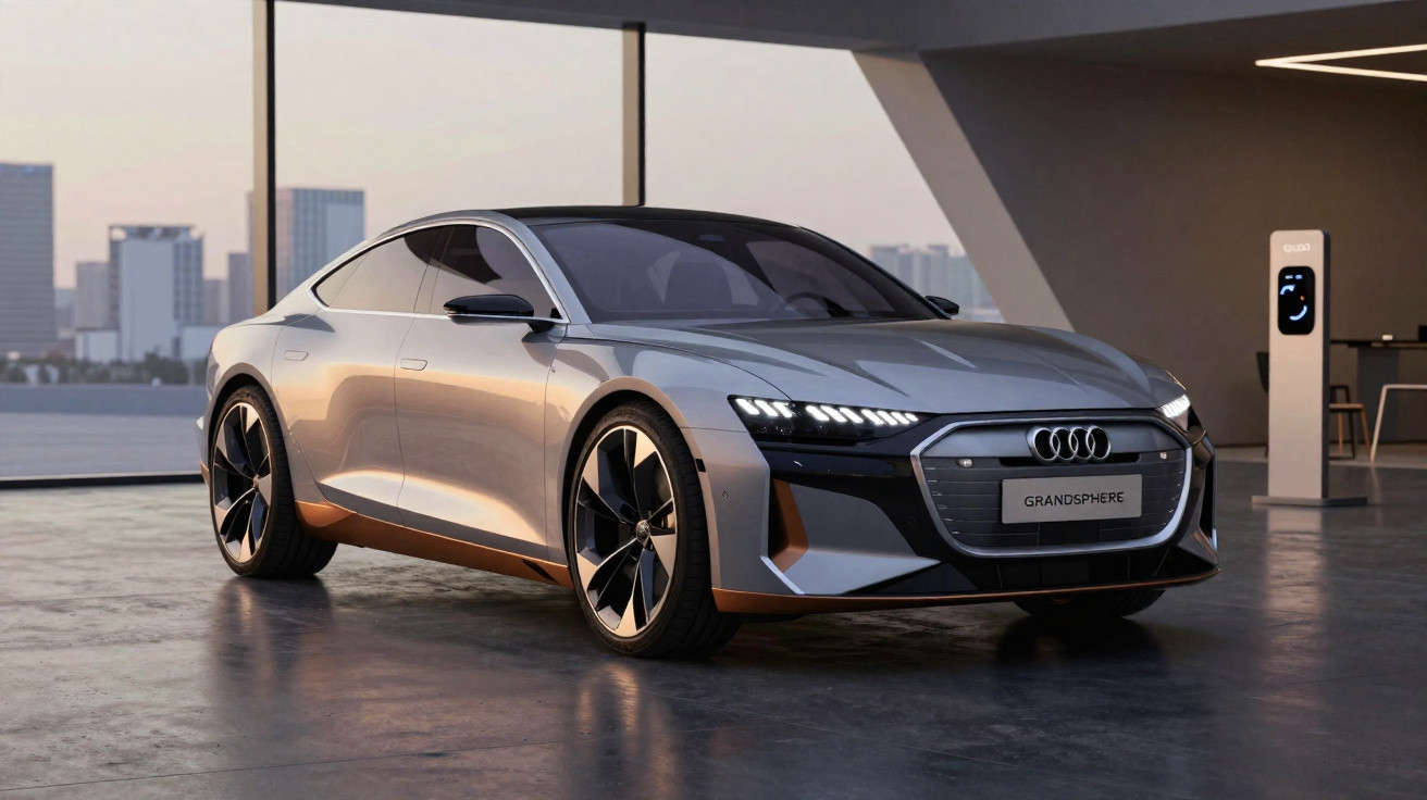 Carro elétrico Audi GrandSphere estacionado em ambiente interno moderno com janelas amplas e vista urbana ao fundo.
