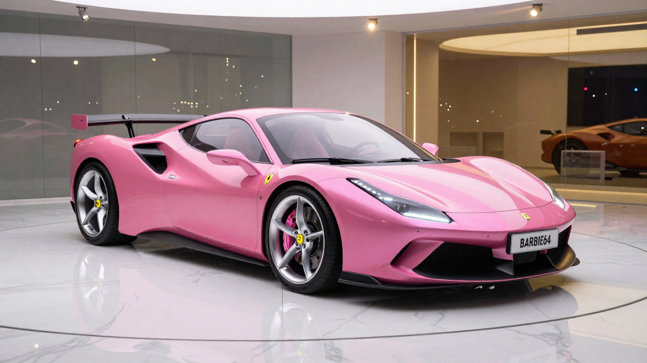 Carro esportivo Ferrari rosa em exposição, com placa personalizada "BARBIE64" em detalhes brilhantes.