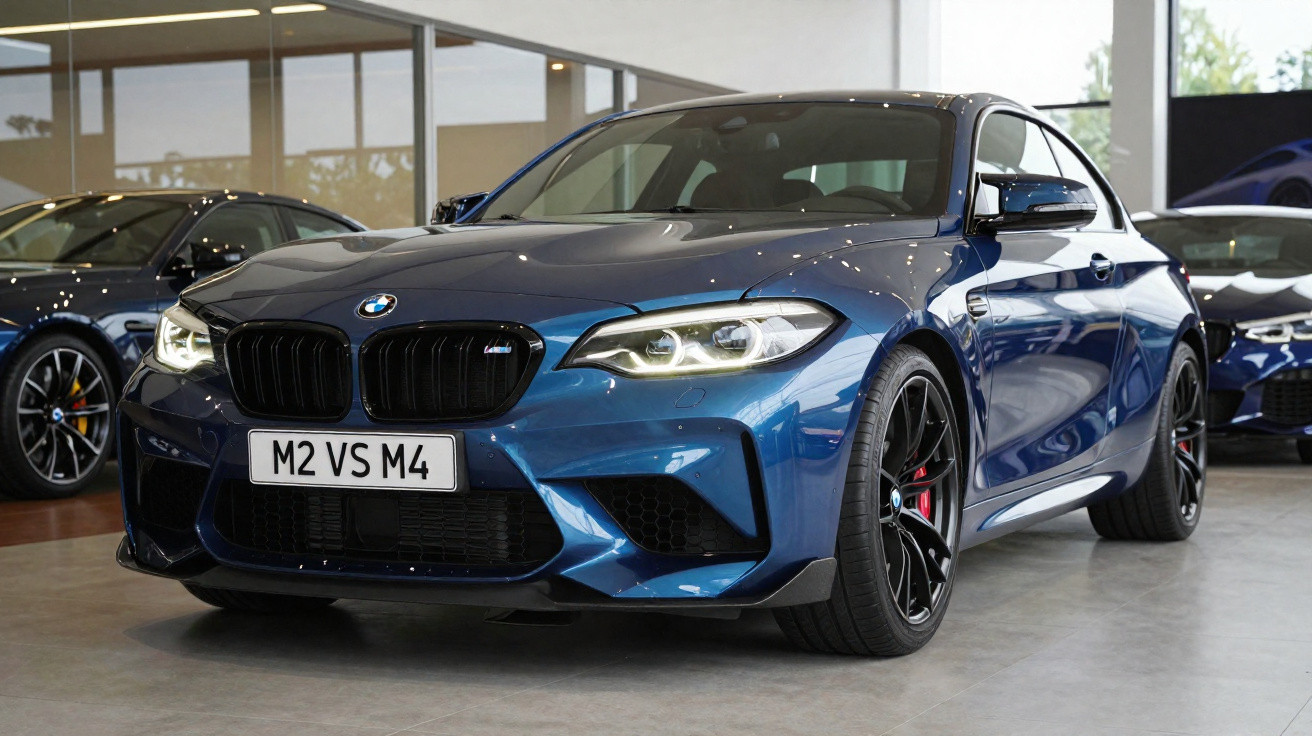 Carro BMW M2 azul escuro estacionado em showroom com placa dianteira M2 VS M4.