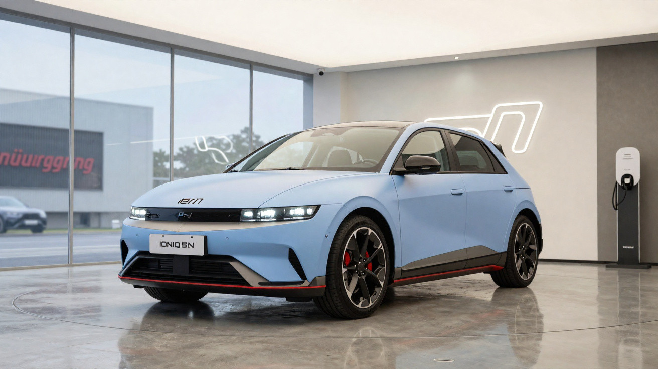 Carro elétrico Hyundai Ioniq 5 N azul estacionado em showroom com carregador na parede.