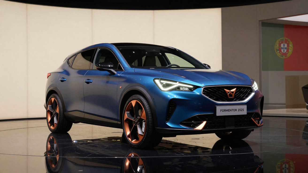 Carro Cupra Formentor azul 2025 em estande com rodas aro bronze e bandeira de Portugal ao fundo.