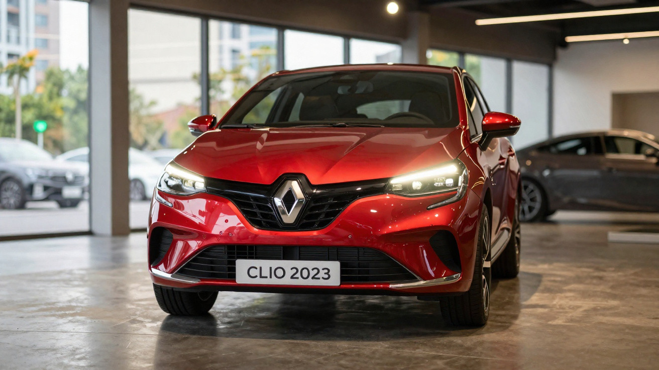 Carro vermelho Renault Clio 2023 em exposição interna com faróis acesos.