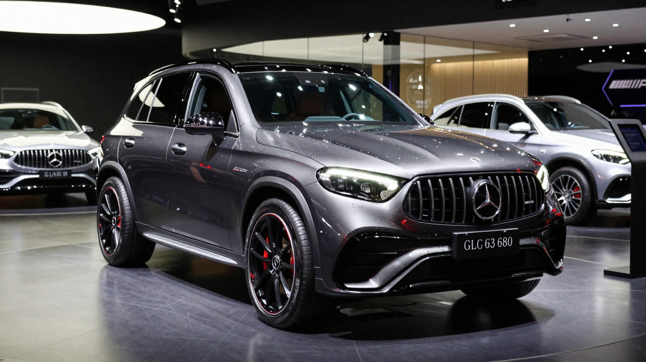 Carro SUV Mercedes-Benz GLC 63 680 cinza escuro exibido em salão de automóveis moderno.