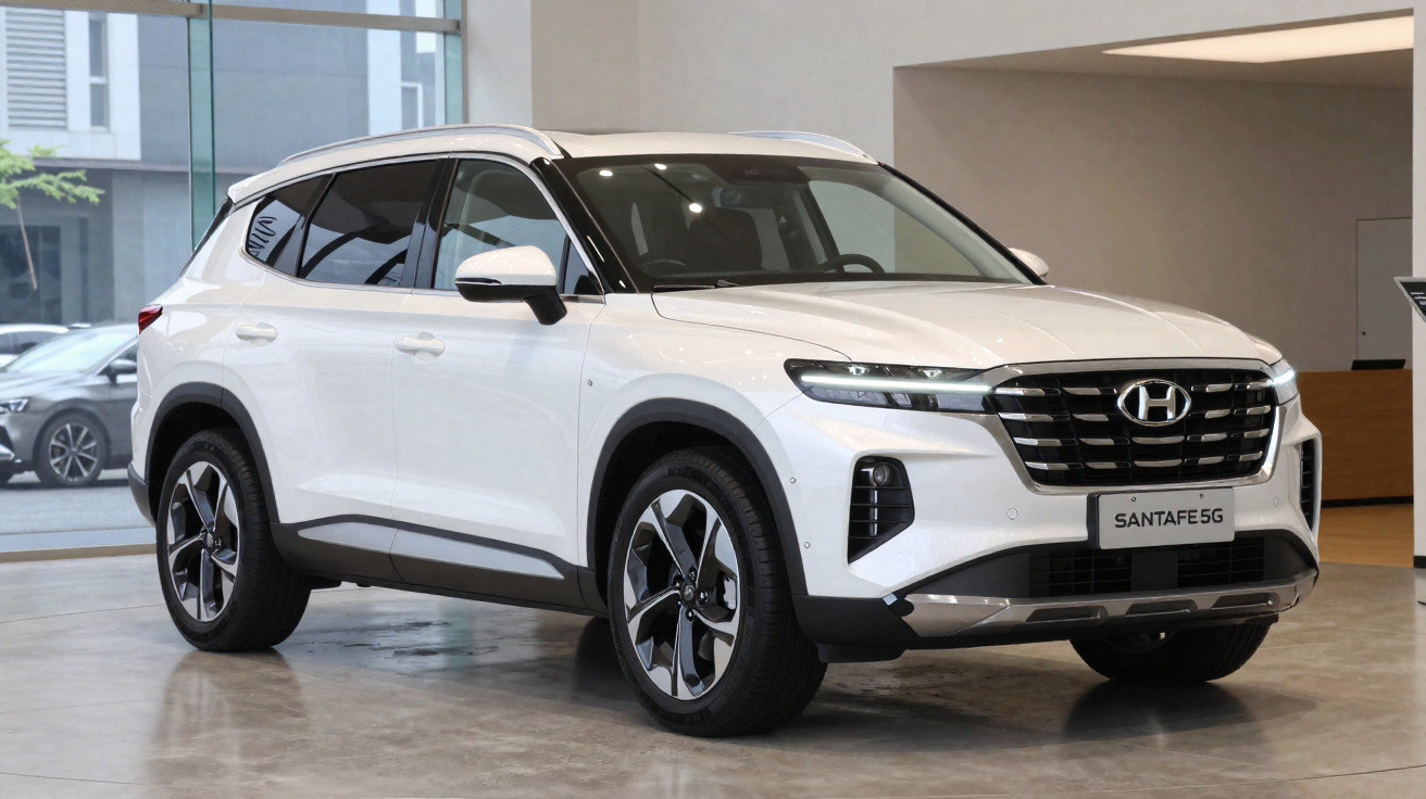 SUV branco Hyundai Santa Fe 5G em showroom com design moderno e rodas aro grande preto e prata.